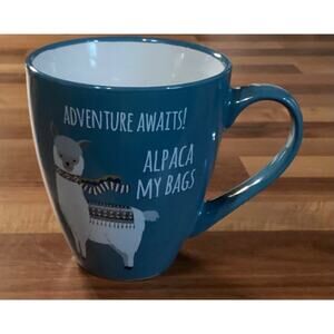 "Adventure Awaits Alpaca My Bags” Alpaca Coffee Cup Mug Turquoise Blue